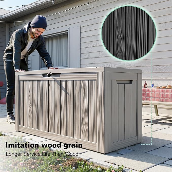 ROJIK Outdoor Storage Housing Deck Box - Waterproof Patio Furniture, Garden Tools, Cushions, Pool Accessories Storage Bench with Lockable Lid and Side Handles (Grey, 80 Gal)