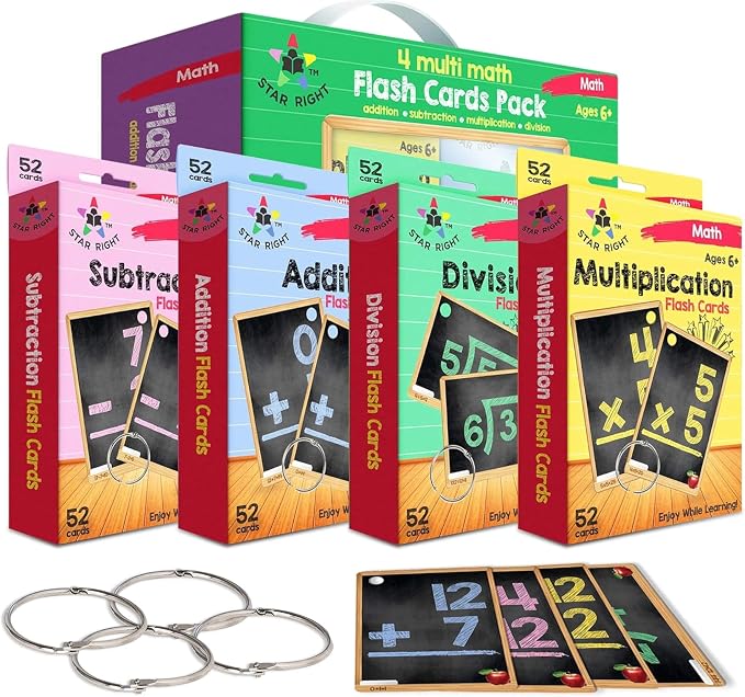 Star Right Math Flash Cards Set of 4 - Addition, Subtraction, Multiplication, Division with 4 Rings - 208 Cards for Kids Ages 6 and Above - Flash Card from 1st to 4th Grade