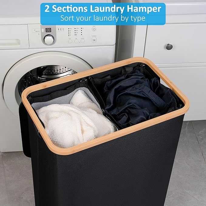 efluky Double Laundry Hamper with Lid, Divided Laundry Hamper with Removable Bags, 2 Section Dirty Clothes Basket with Handles for Bathroom, Bedroom & Laundry Room, 160L Black