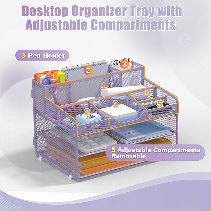 Docnest 3 Tier Mesh Desk Organizer for Paper Office Supplies – Multi-Functional Letter Tray with 5 Adjustable Compartments, 3 Pen Holders, Desktop Storage for Files, Mail, Stationery – Purple