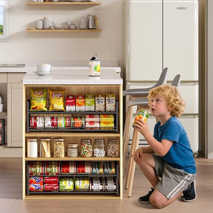 2-Pack Stackable Can Organizer for Pantry Shelf, Adjustable Extra-Long Rolling Can Rack for Kitchen Cupboard Storage, Sturdy Standing Can Holder for Canned Food Goods Soda up to 128, 2 Tier, Black
