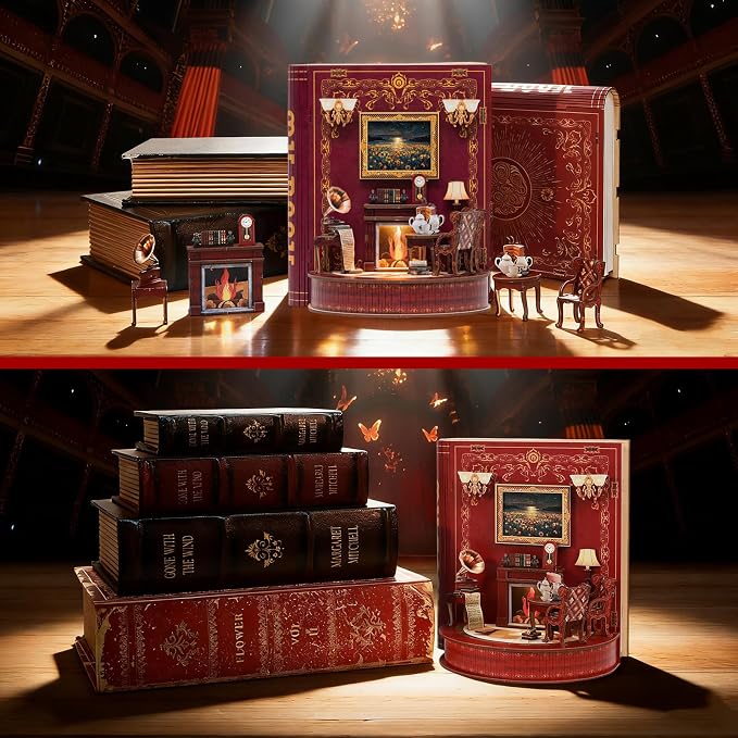 DIY Miniature House Kit,Tiny House Corner Kit Book Nook Kit for Adults,Wooden Puzzle with LED, Halloween/Christmas/Birthday Gifts for Family/Friends,Book Theater