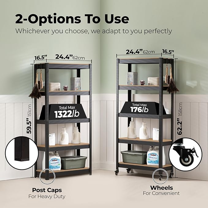 HOMEDANT House 5-Tier Metal Rolling Cart Shelf Rack Casters Heavy Duty Laminated Wheel Shelving Unit Adjustable Utility Storage Shelves Organizer Shelf Kitchen Garage 24.4" W x 16.5" D x 62.2" H 2Pack