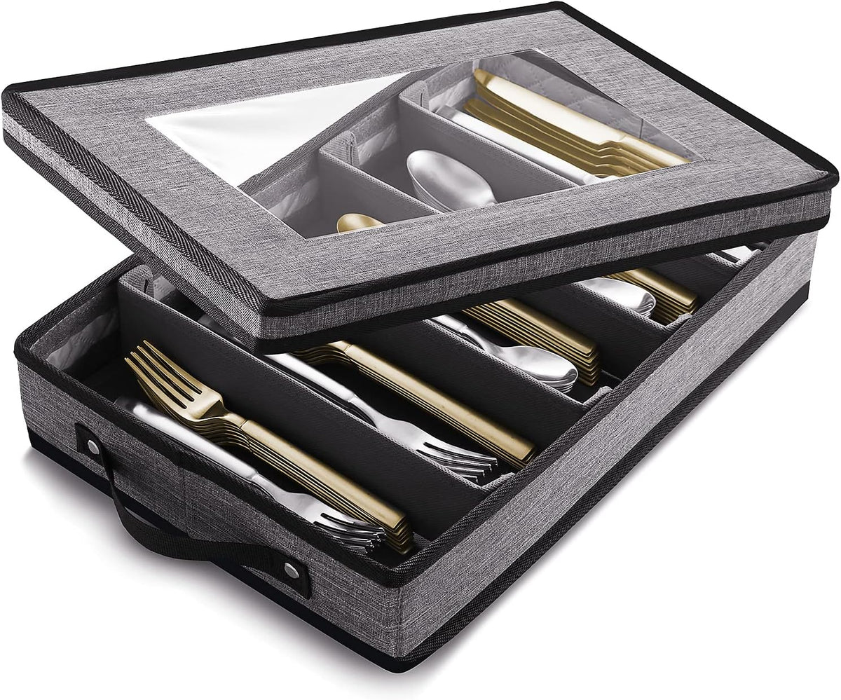 Flatware & Utensil Storage, Durable Silverware Storage Box with Padded Dividers, 5 Compartment Flatware Storage Case, Silverware Case with Handles and Removable Lid - Protects and Organizes Cutlery