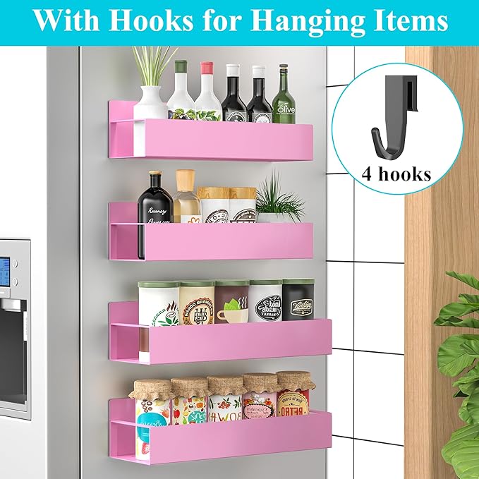 4 Pack Magnetic Spice Storage Rack Organizer for Refrigerator and Oven, Pink Fridge Organizers and Storage