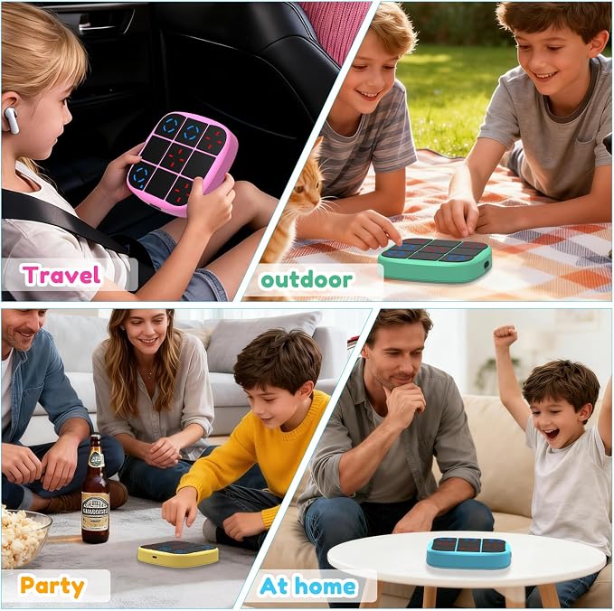 KOQQQ Rechargeable Tic-Tac-Toe Bolt Game, Upgraded 4-in-1 Handheld Puzzle Console, Electronic Educational Memory Game, Portable Travel Car Ride Board Games for Kids Adults (Pink)