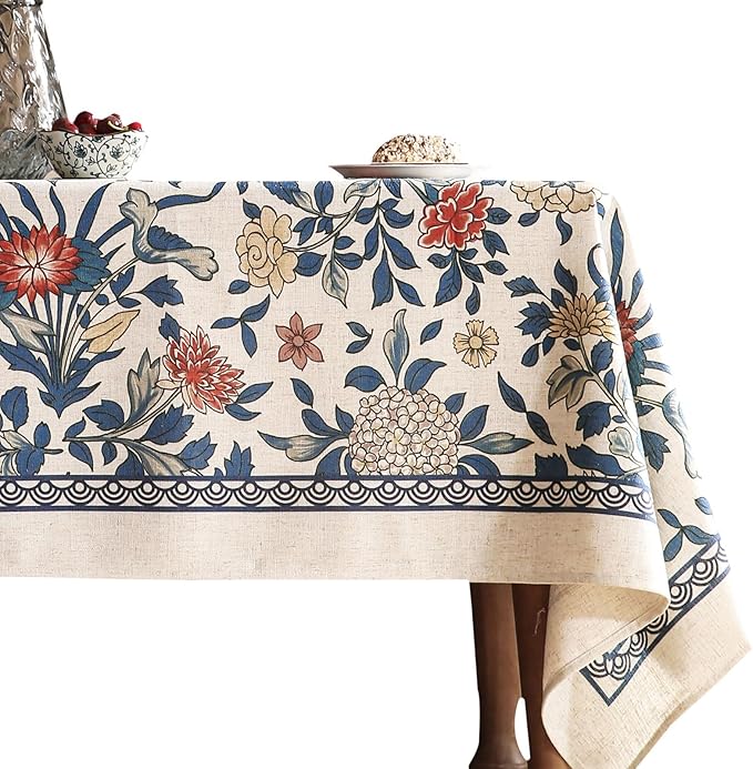 patdrea Designer Blue Small Tablecloth for Rectangle Table,Vintage Linen with Leaves and Floral Pattern Tablecloths,Farmhouse Decor Cover for Kitchen Dining Christmas,Thanksgiving,55"x71"-Ivar a