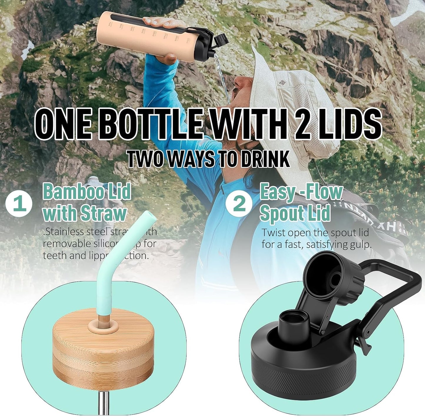 32oz Glass Water Bottle with Straw and 2 Lids- Bamboo Straw and Spout Lid with Phone Holder for Gym, Glass Drinking Bottles with Silicone Sleeve and Motivational Time Marker, Mint Green