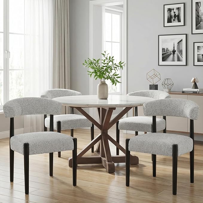 VKNOW Wooden Dining Chairs Set of 4, Modern Upholstered Dining Room Chairs with Black Rubberwood Legs and Curved Backrest, Fabric Kitchen Chairs for Dining Room, Heathered Off-White(Black Legs)