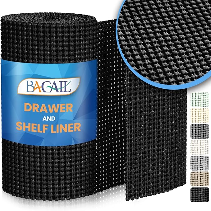 BAGAIL Drawer and Shelf Liner, 17.5 in X 10 Ft Non-Adhesive Shelf Liners for Kitchen Cabinets, Thick Strong Grip Liners for Desk, Shelves, Bathroom Drawers, Cabinet Protection - Black