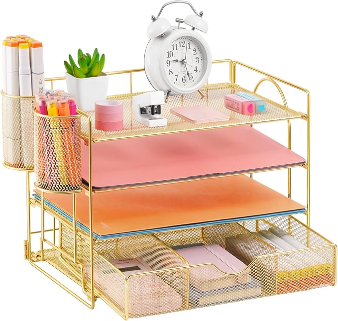 Lavatino Paper Letter Tray Organizer with File Holder, 4-Tier Desk Accessories & Workspace Desk Organizers with Drawer and 2 Pen Holder for Office Supplies (Gold)