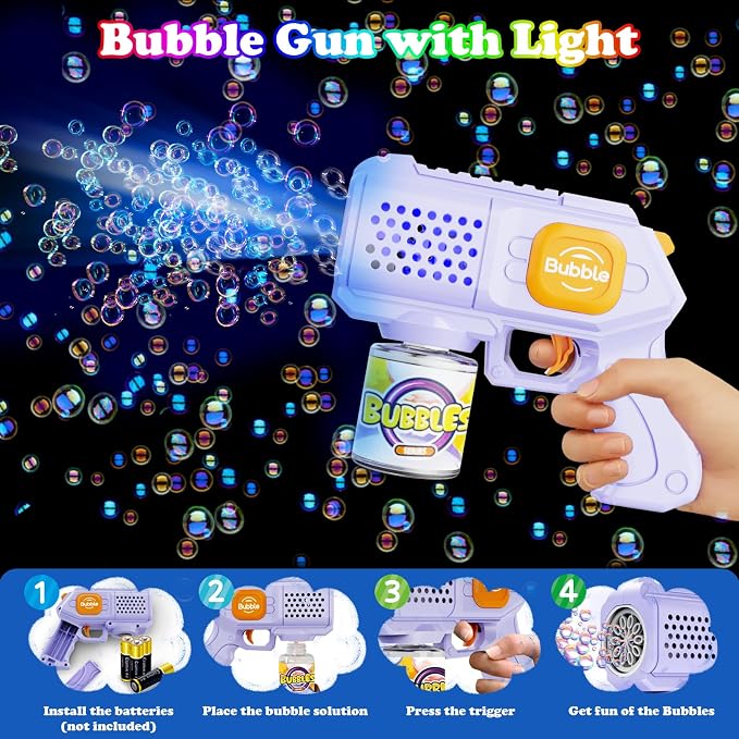 Panamalar 2 Packs Bubble Guns for Kids, Automatic Bubble Machine Gun 10000+ Bubbles/Min, 10 Holes Bubble Maker Toys with Solution/Light for Boys Girls Outdoor Wedding Party, Purple+White