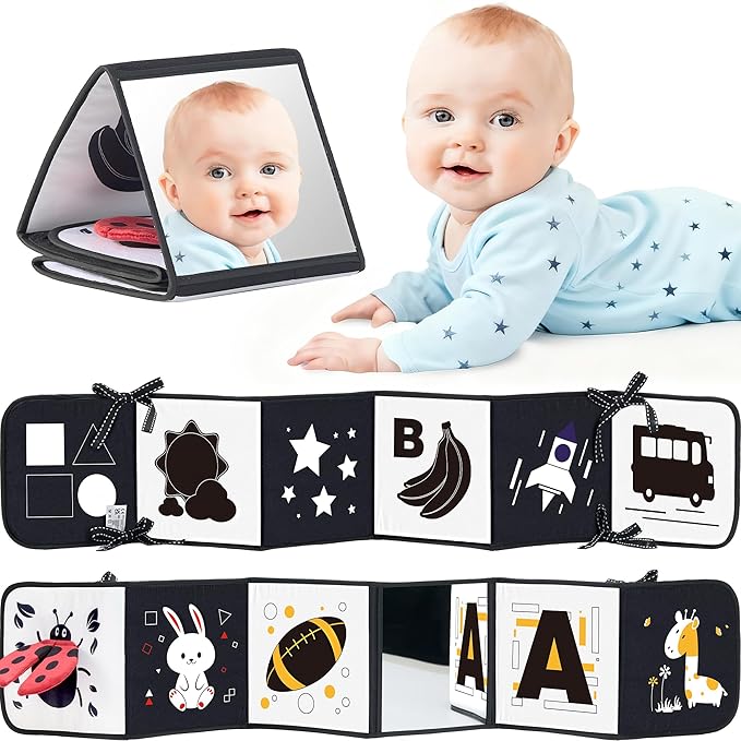 Black and White Baby Books for Newborn - Tummy Time Mirror & Sensory Toys Soft Montessori Toy for Infant Visual Stimulation, Brain Development & Early Learning - High Contrast Toys for 0-6 Months
