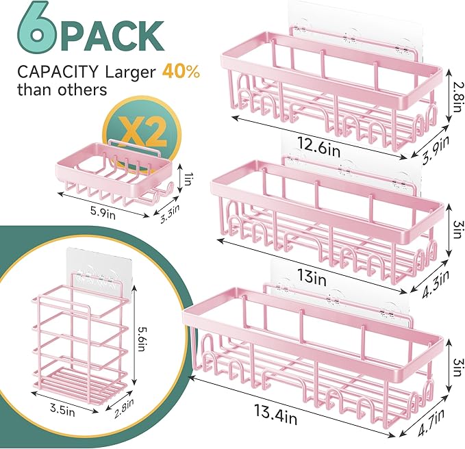 Veken Large Capacity Shower Caddy 6-Pack, No Drilling & Rustproof, Adhesive Shower Shelves with Soap Holder, Bathroom Organizers and Storage, Wall-Mounted Kitchen & Home Decor, Pink