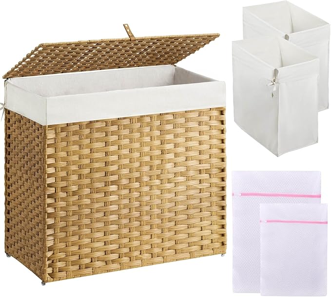 Greenstell Laundry Hamper with Lid, 125L Laundry Basket with 2 Removable Liner Bags & 2 Mesh Bags, Handwoven Synthetic Rattan Clothes Hamper for Clothes, Toys in Bathroom, Bedroom, Foldable, Natural