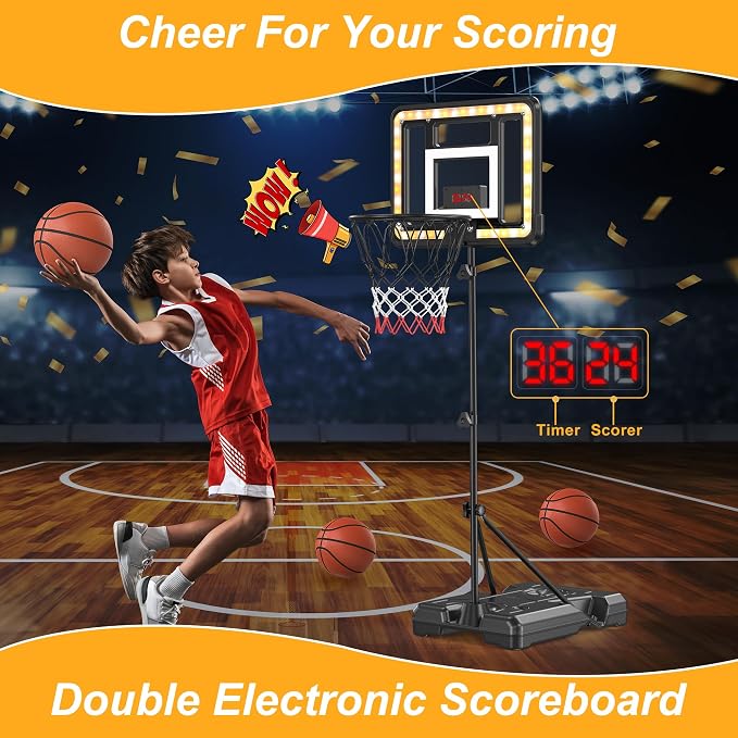 Kids Indoor Basketball Hoop with Scoreboard & Timer,Toddler Adjustable Height Basketball Goal Toy for Outdoor Backyard,Sports Game Play