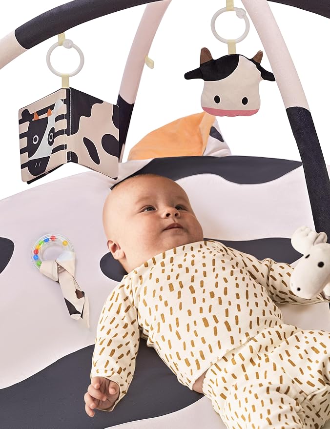 2PM SPORTS Cow Theme Baby Play Mat, Tummy Time Mat for Infant Newborn, Baby Play Gyms & Playmats for 0-3 3-6 6-12 Months, Activity Mat 5 Detachable Toys, Non Slip Gym Mat Easy to Install & Clean