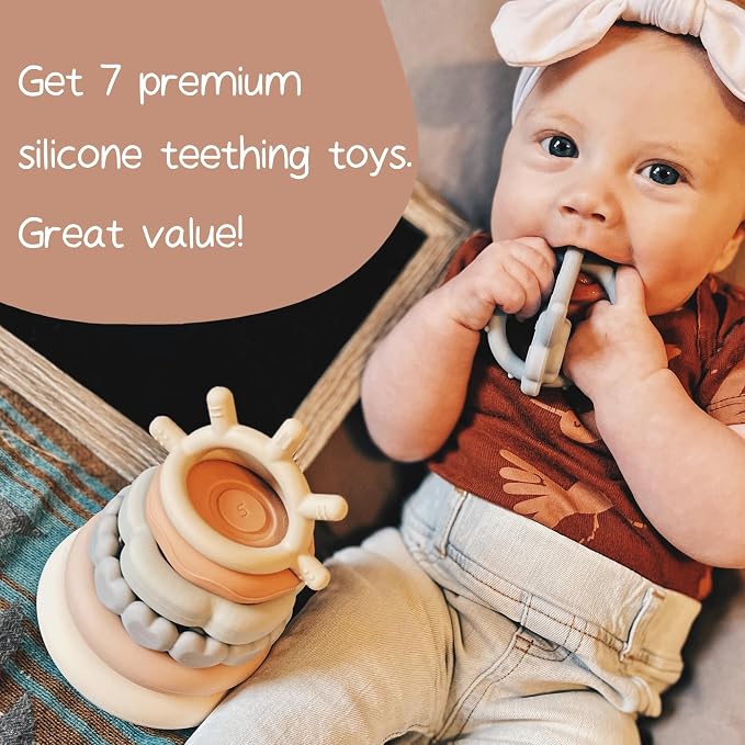 Moonkie Stacks of Circles Soft Teething Toy | Educational Learning Baby Toy | Stacking Ring Toys for Babies Boy and Girl | 7 Piece Teethers Set (Nature)
