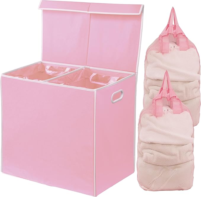 Simple Houseware Double Laundry Hamper with Lid and Removable Bags, Pink
