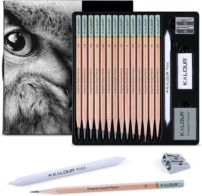 KALOUR 18-Piece Professional Sketch Pencil Set - Includes 5H to 14B Pencils, Vinyl Eraser, Kneaded Eraser,Sharpener and Paper Blending Stump - Ideal for Artists and Beginners