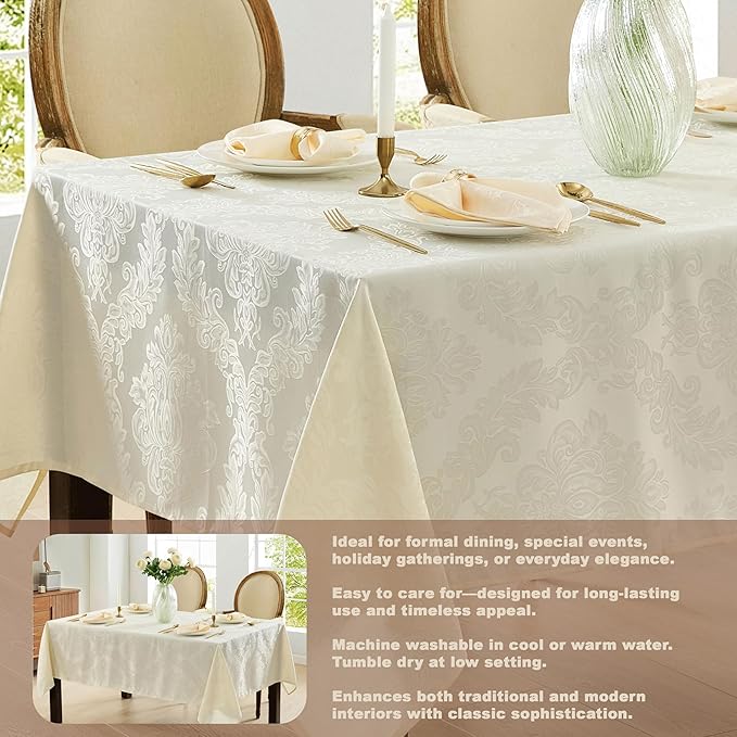 Newbridge Barcelona Luxury Damask Fabric Tablecloth, 70” x 70”, Square, Antique White, 100% Polyester, No Iron, Soil Resistant Dining Room, Party and Banquet Table Cover