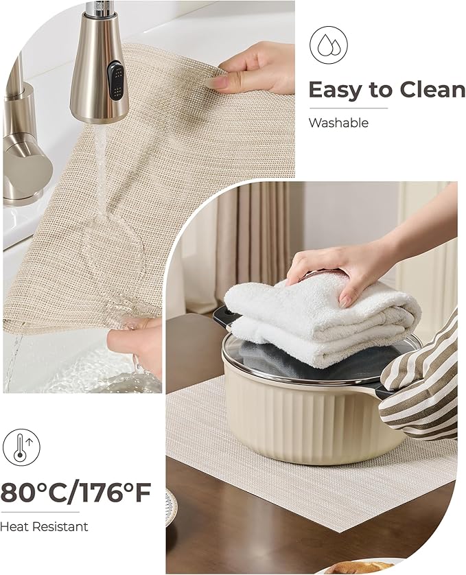 Leetaltree Beige White Placemats Set of 4 - Heat Resistant Non-Slip Place mats for Dining Table, Washable Durable PVC Vinyl Woven Table Mats(Beige White, 4)