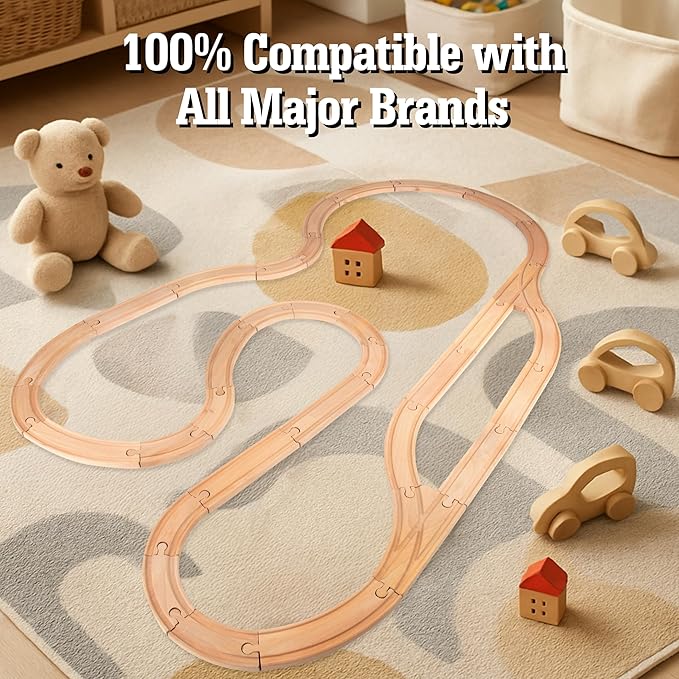 Wooden Train Track 52 Piece Set-18 Feet Of Track Expansion - 5 Distinct Pieces - 100% Compatible with All Major Brands Including Thomas Wooden Railway System: Screen Free Christmas Gift For Toddlers