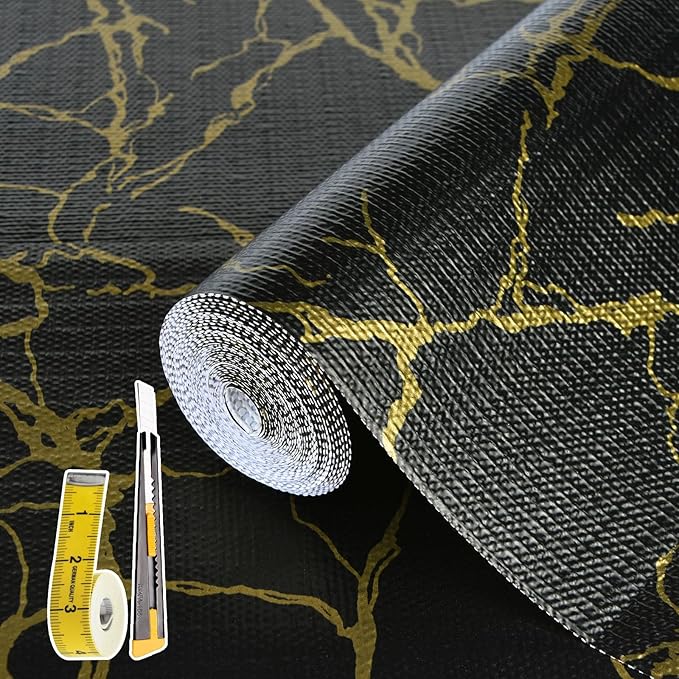 2-Layer Drawer and Shelf Liner for Kitchen Cabinet: 12in X 20Ft Non Slip Waterproof Shelf Paper Non Adhesive Refrigerator Liners Black/Gold Marble Easy Liners for Bathroom with Knife Tape Measure