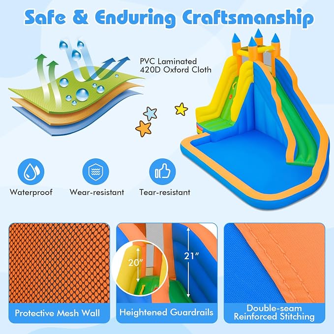 Costzon Inflatable Water Slide, Giant Bouncy Waterslide Park for Kids Backyard Outdoor Fun w/ 680w Blower, Climbing Wall, Splash Pool, 2-pcs, Blow up Water Slides Inflatables for Kids Party Gift