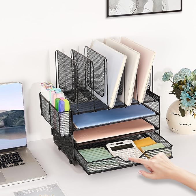 Desk Organizers and Accessories, 3-Tier Paper Organizer with 5 Vertical File Holders, File Organizer for Desk (Black With Drawer, 3T With Drawer)