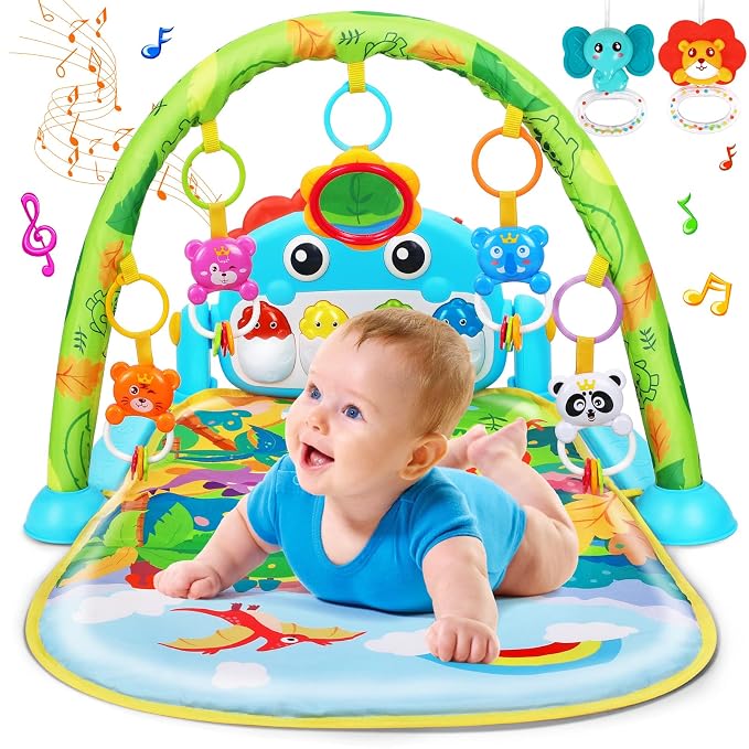 UMIKU Baby Gym Play Mats Baby Tummy Time Mat Musical Activity Center for Newborn Infant Piano Babies Play Mat Music & Light Newborn Infant Gifts for Babies 0-3 6 9 12 Months Dinosaur Style