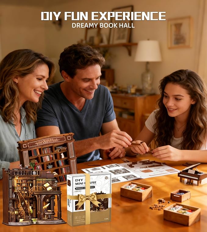 Spilay Book Nook Kit for Adults, Dreamy Book Hall DIY Miniature House Kit | With Warm LED Light, DIY Wooden Craft for Bookshelf Decor, Reading Nook Display, Book Lover Gifts & Home Decoration