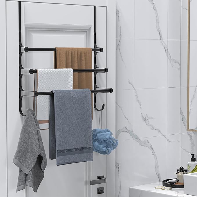 Over The Door Towel Rack, Extendable Triple Towel Storage Holder with Hooks, 24.02 Inches Towel Bar Hanger Towel Racks for Bathroom (Black)