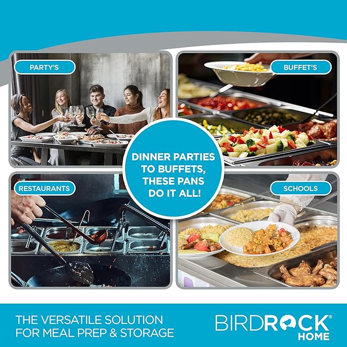 BIRDROCK HOME Stainless Steel Steam Table Pan - Hotel, Restaurant & Catering Supplies - 24 Gauge Steel, 4.1 qt Capacity - Meal Prep, Cooking, &Food Storage Container - 4" Depth, 1/3-Size (6 Pack)
