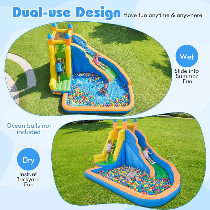 Costzon Inflatable Water Slide, Giant Bouncy Waterslide Park for Kids Backyard Outdoor Fun w/ 680w Blower, Climbing Wall, Splash Pool, 2-pcs, Blow up Water Slides Inflatables for Kids Party Gift