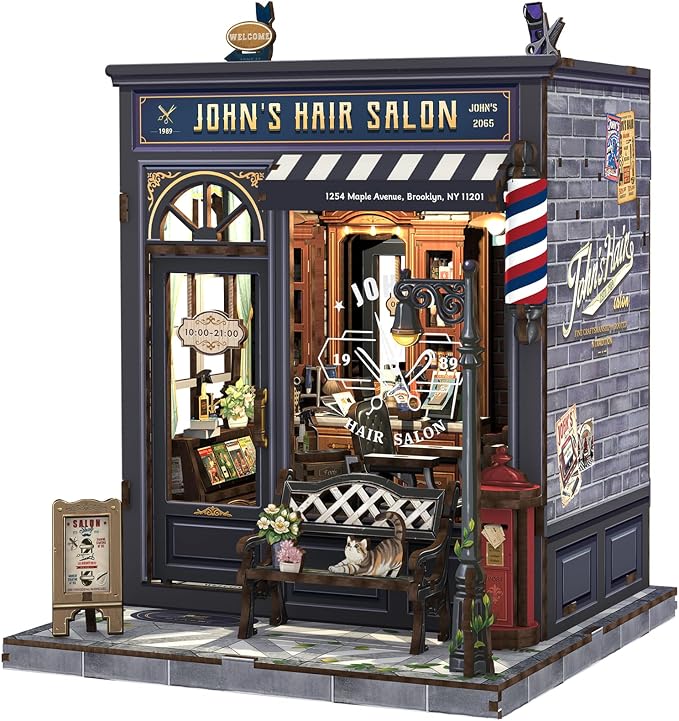 Fsolis Book Nook Kit - DIY Miniature House Kit for Adults Mini House Tiny 3D Puzzles for Bookshelf Diorama Decor Gifts for Women Teenagers Puzzle Lovers (John's Hair Salon)