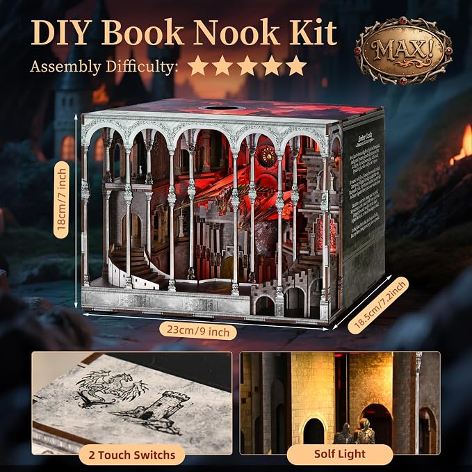 MiniCity Book Nook Kit, DIY Miniature House Kit for Adults, Teens and Beginners, Dollhouse Booknook Library Tiny House Bookshelf Decor 3D Wooden Puzzle, Gifts for Family, Friends (Ember Castle)