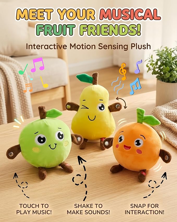 Soft Plush Musical Sensory Toy, Interactive Plush Toy with Sounds, Skin Touch Activated Sound Doll, Dual Mode Educational Toy, Fruit Style Gift for Baby Kids Boys Girls All Ages(Yellow Pear)