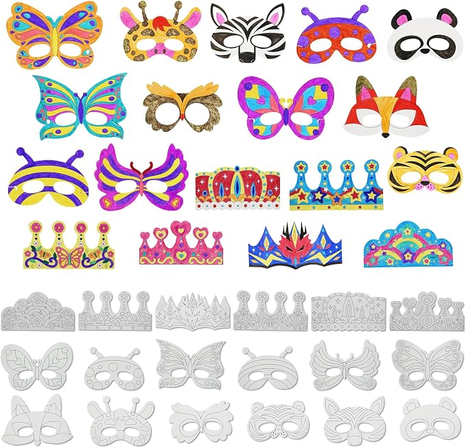 48 PCS Color Your Own Paper Crowns and Paper Masks, DIY Art Coloring Craft Activity for Kids Birthday Dress up Party Favors Decoration, School Home Art Coloring Activities