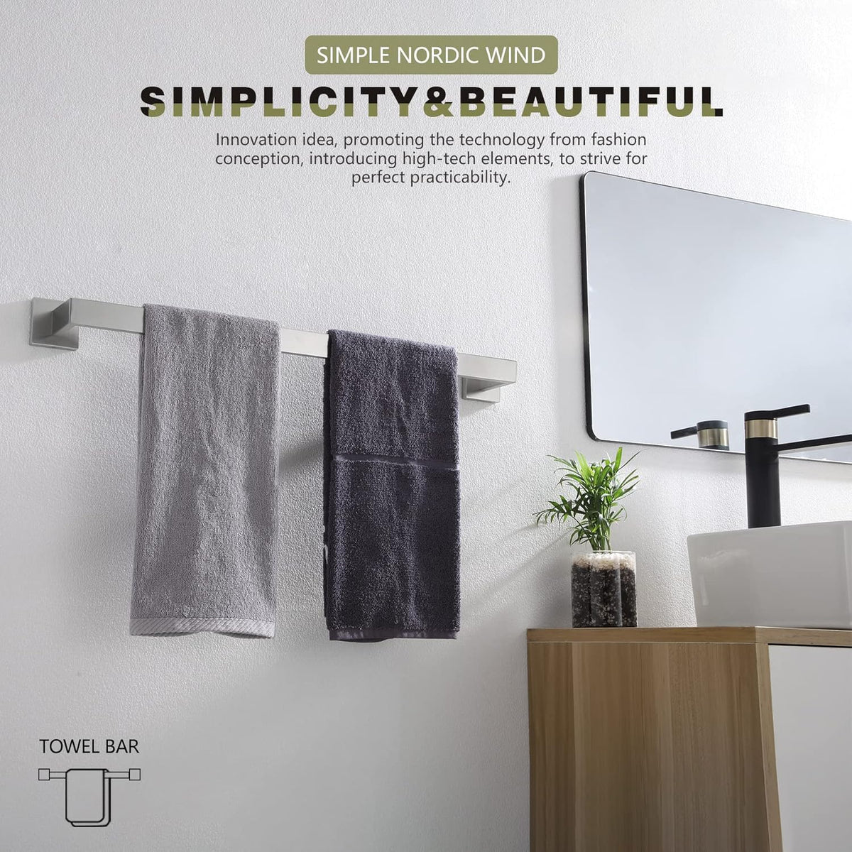 KOKOSIRI 20-Inch Single Towel Bar, Bathroom Kitchen Towel Holder, Wall Mounted T-304 Stainless Steel Towel Rack 2 Pack, Brushed Nickel, B4003BR-L20-P2