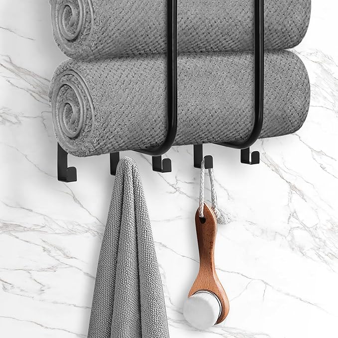 Towel Racks for Bathroom, Towel Rack Wall Mounted with Metal Shelf and 5 Hooks for Small Bathroom, Towel Holder for Bathroom, Bath Towel Storage for Rolled Towels Organizer, Black
