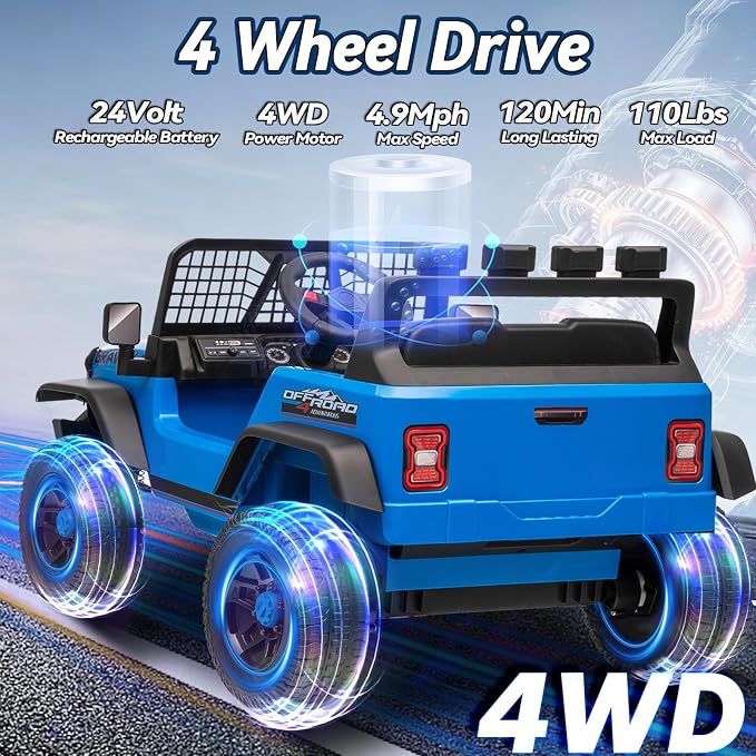 24V Ride on Toys w/Remote Control, 4WD Kids Ride on Truck Car, 3 Speed, Bluetooth Music, Wide Seat, Spring Suspension, LED Light, Birthday for Boys Girls Toddler (Black+Blue)
