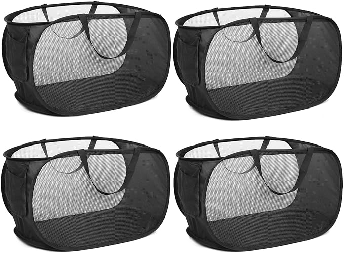 4 Pack Collapsible Laundry Baskets, Foldable Laundry Basket with Pocket, Durable Pop Up Hampers, Reinforced Handles Dirty Clothes Hamper for Laundry, Bedroom, Bathroom, Dorm, Travel or Camping Black