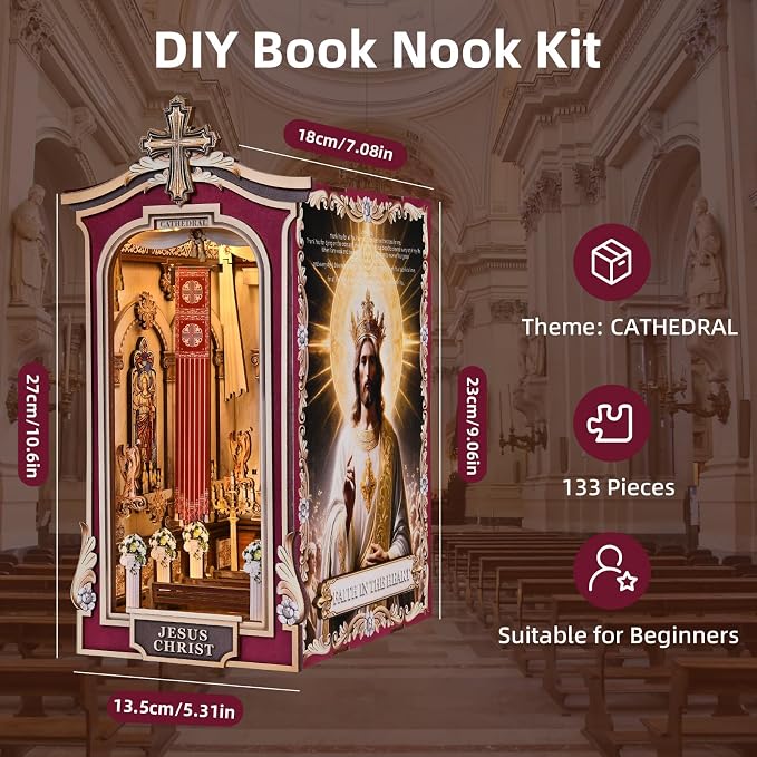 Book Nook DIY Kit,3D Wooden Puzzle with LED Bookend Bookshelf Decoration,Miniature Doll House for Home Decor, Jesus Christ Spiritual Gift,Cathedral