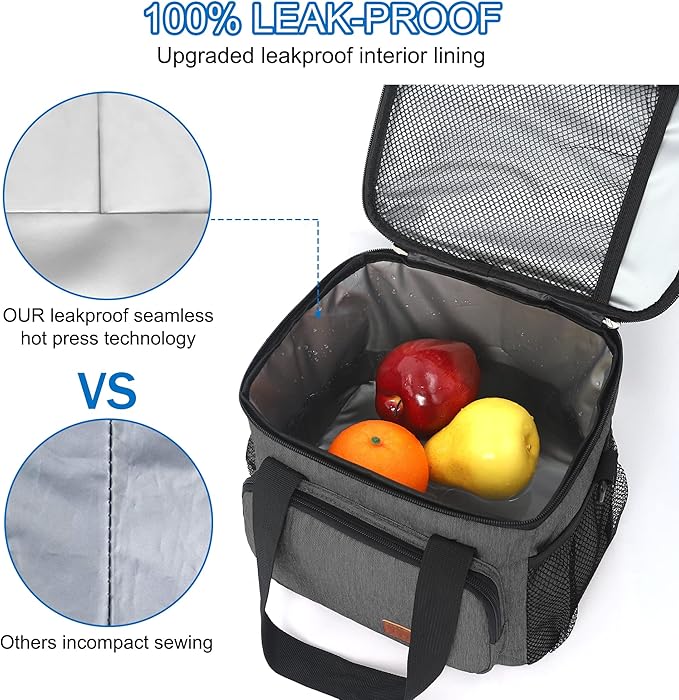 Femuar Lunch Bags for Women/Men, Insulated Lunch Bag for Work Office Picnic - Lunch Cooler Bag Leakproof Lunch Box with Adjustable Shoulder Strap - Grey(8.7L)