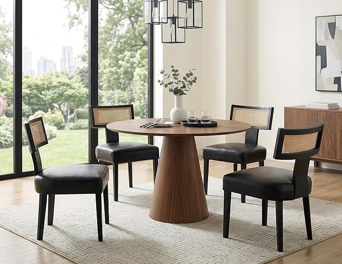 Rattan Dining Chairs Set of 4, Modern PU Leather Upholstered Kitchen Chairs, Wooden Dining Room Chair Farmhouse Dinner Chair, Black