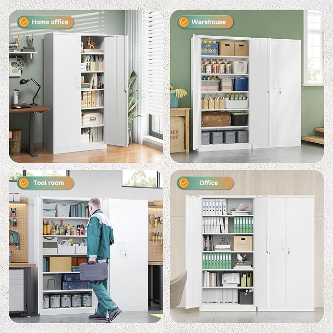 Letaya Metal Storage Cabinets with Lock Door,Steel Locker Garage Cabinets 5 Adjustable Shelves for Home,Office, Warehouse(White)