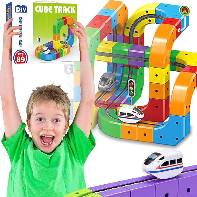 Electric Train Set Flexible Race Track Toys for 3 4 5 6 7 8 Years Old Boys and Girls, Building Toy Train Track Gravity-Defying 3D Embedded Layouts & Motorized Car, STEM Gift(Starter Set(89 Piece))