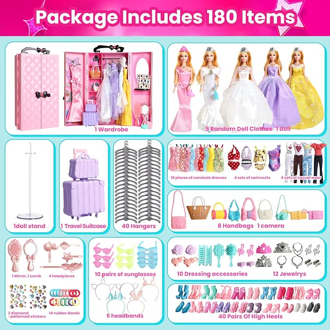 UCanaan 180 Pcs Doll Clothes and Accessories Set, Princess Gowns, Dresses, Tops, Pants, Shoes, Hangers, Fashion Doll Wardrobe, Ages 3+ Best Gitfs for Girls Christmas Birthday