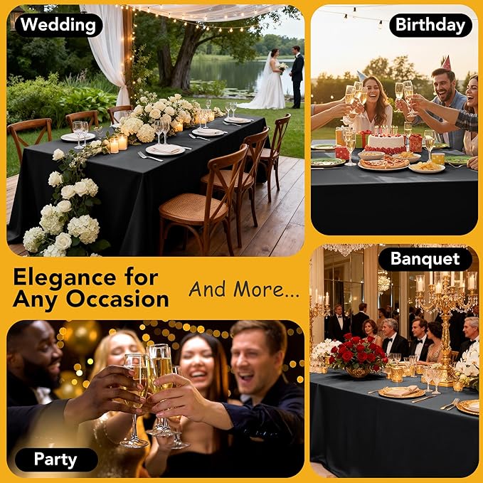 10-Pack Black Tablecloths for Rectangle Tables, 60 x 120 Inches, Stain-Resistant Polyester Fabric for 6 Foot Tables - Washable Table Covers for Weddings, Banquets, Birthday Parties, Events